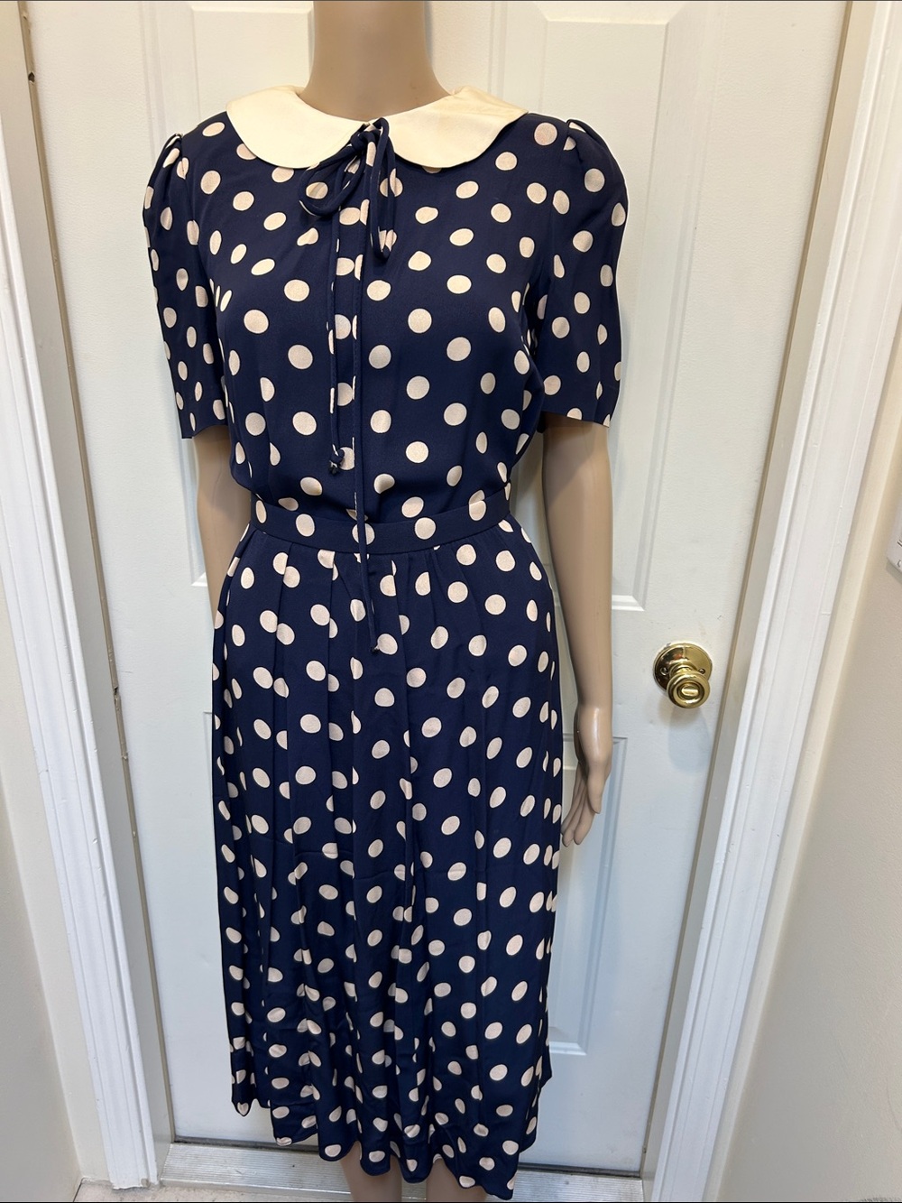 VTG I. Magnin Blue White Polka Dot Midi Skirt & Blouse Suit Set Peter Pan Collar
